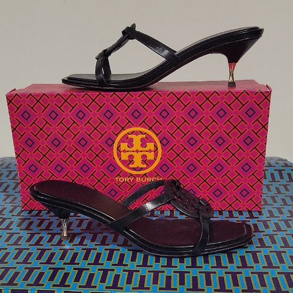 Tory Burch Geo Bombe Miller Leather Black Gold Heeled Sandals- Size 8.5 - Picture 6 of 15